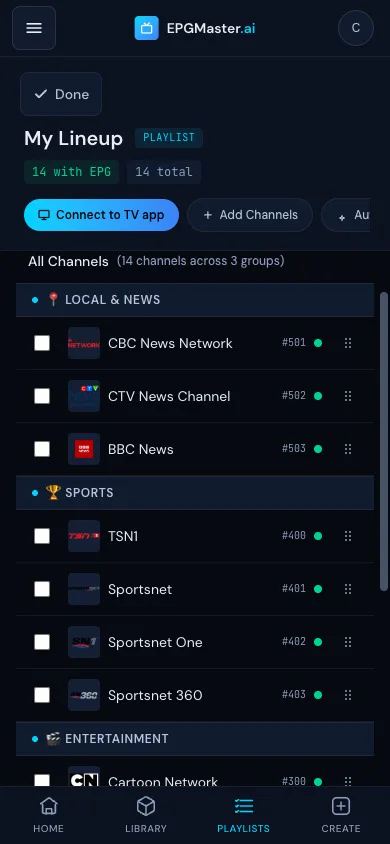 The EPGMaster mobile editor showing a real playlist — channels grouped into Local & News and Sports, with logos, channel numbers, and 14 of 14 channels matched to EPG guide data