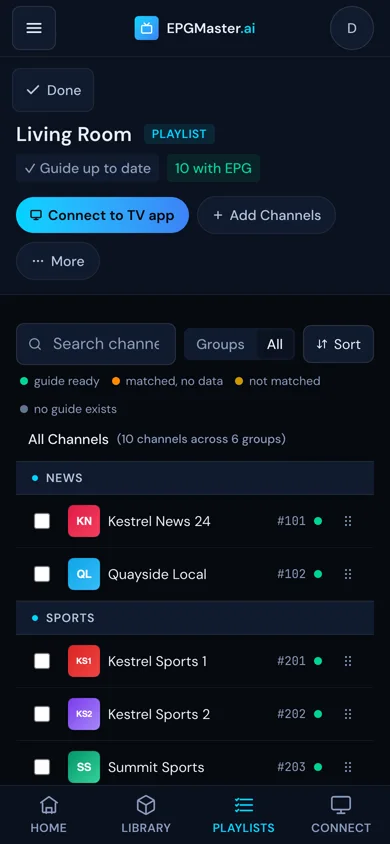 The EPGMaster mobile editor showing a real playlist — channels grouped into Local & News and Sports, with logos, channel numbers, and 14 of 14 channels matched to EPG guide data