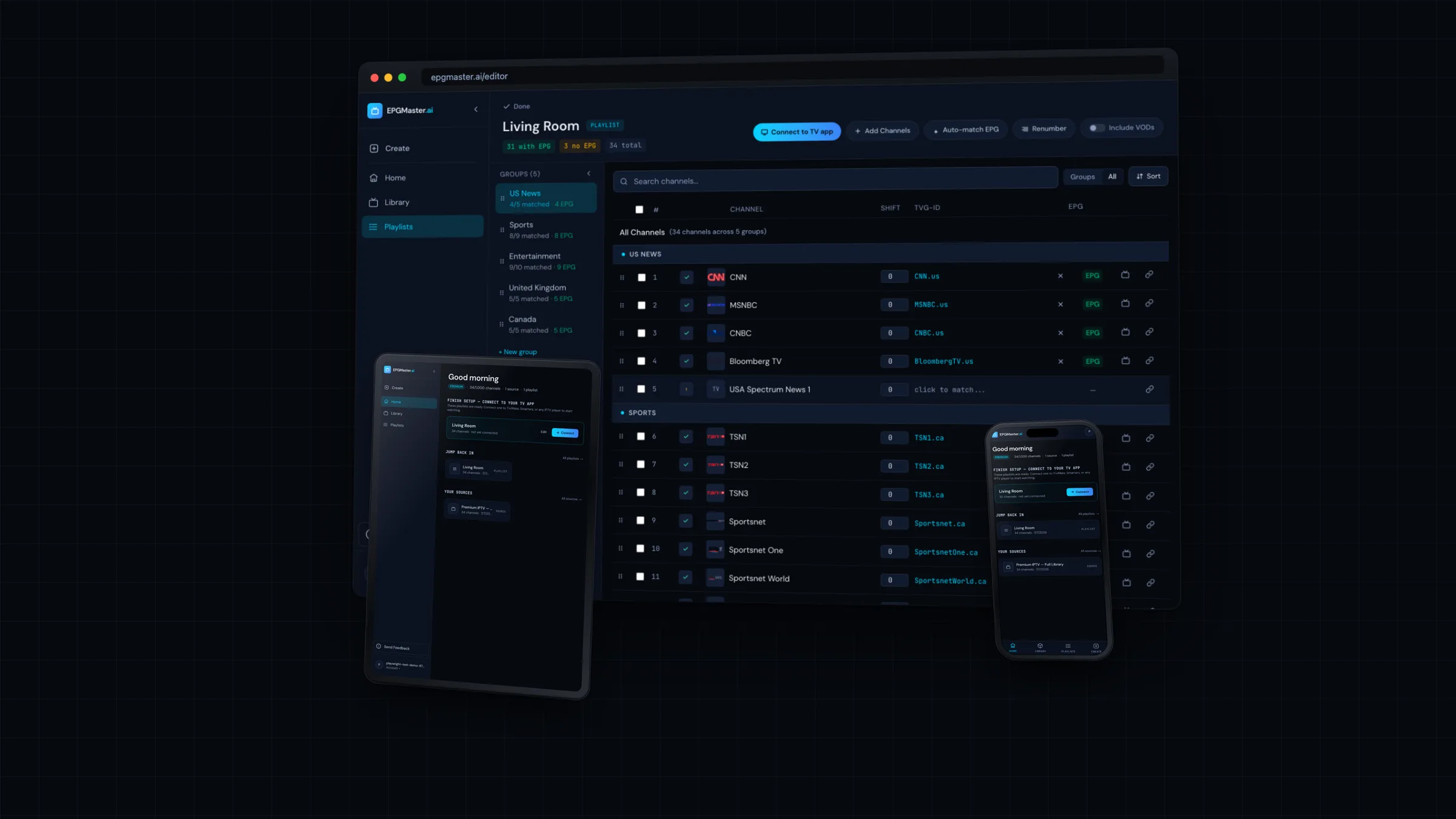 EPGMaster.ai on desktop, tablet and phone — the channel editor showing matched EPG data across a curated playlist